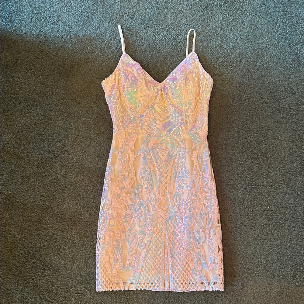Iridescent Pink Sequin Mini Dress with Spaghetti Straps